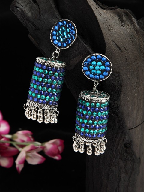 

Moedbuille Blue & Green Stones Afghan Tribal Design Handcrafted Oxidised Silver Plated Jhumkas