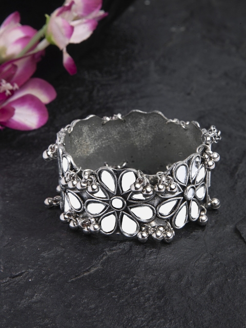 

Moedbuille Mirror & Beads Studded Floral Design Oxidised Silver Plated Handcrafted Afghan Bracelet