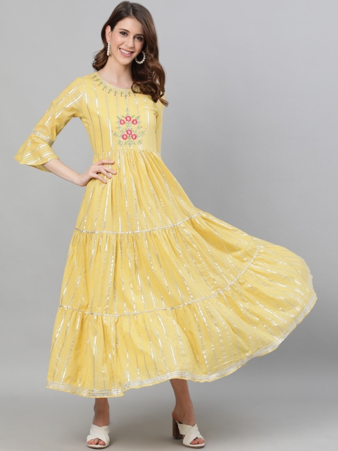 

Ishin Women Yellow Embroidered Maxi Dress
