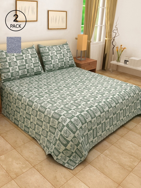

KLOTTHE Set of 2 Grey & Green Woven Design Double Bed Cover with 4 Pillow Covers