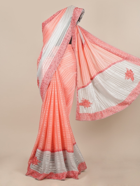 

Pothys Pink Striped Poly Chiffon Saree