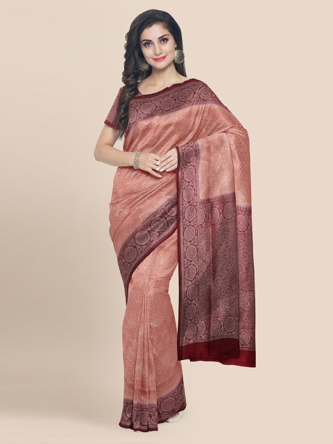 

KLM Fashion Mall Peach-Coloured & Maroon Silk Blend Woven Design Banarasi Saree