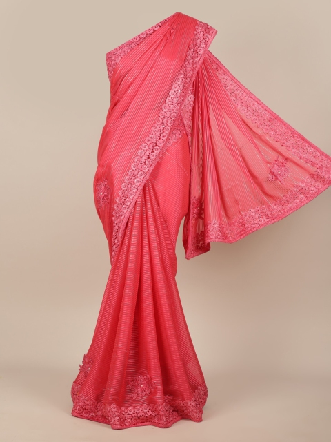 

Pothys Pink Striped Poly Chiffon Saree