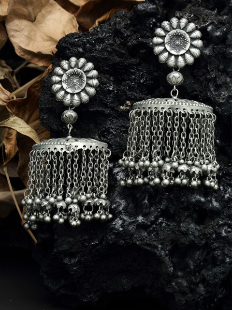 

Moedbuille Tasselled Floral Design Oxidised Silver Plated Handcrafted Tribal Jhumkas, Metallic