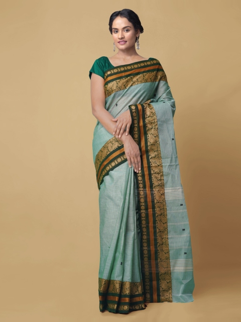 

Unnati Silks Green & Gold-Toned Pure Cotton Woven Design Chettinad Handloom Saree