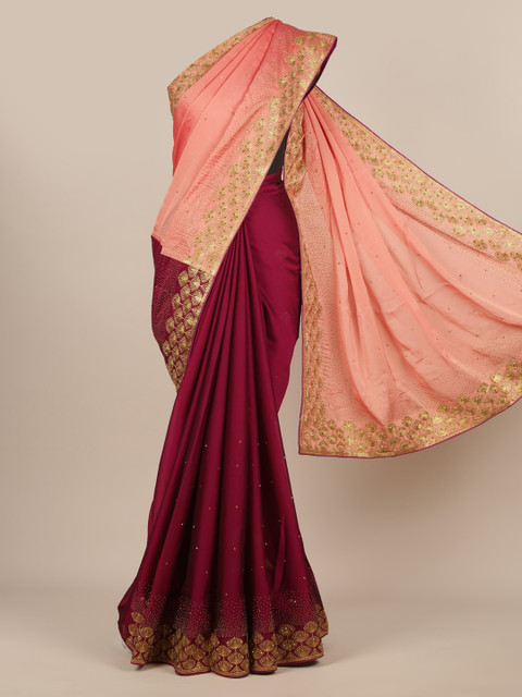 

Pothys Peach-Coloured & Maroon Poly Chiffon Colourblocked Saree