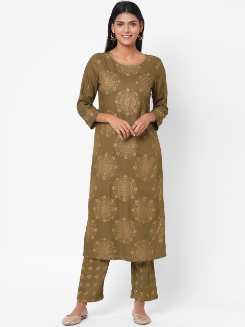 

Os Women Olive Green & Gold-toned Ethnic Motifs Printed Kurta