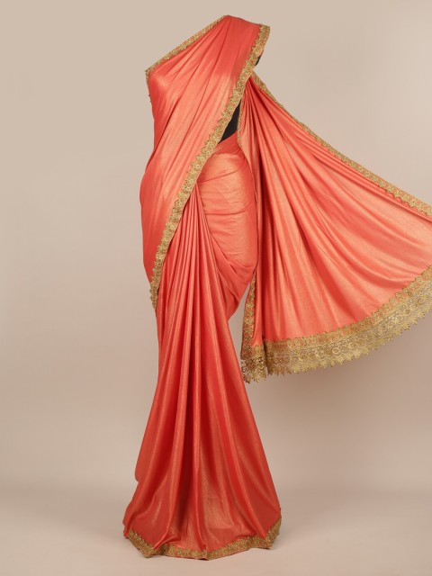 

Pothys Peach-Coloured & Gold-Toned Poly Chiffon Solid Saree