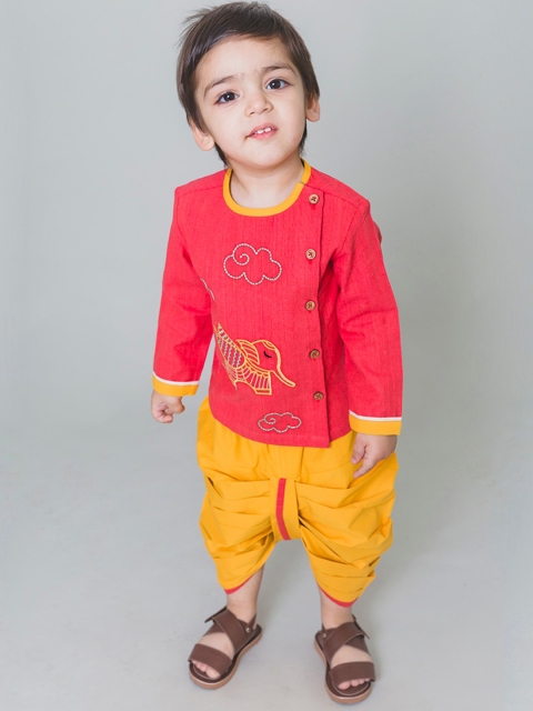 

Tiber Taber Boys Peach-Coloured & Yellow Embroidered Kurti with Dhoti Pants