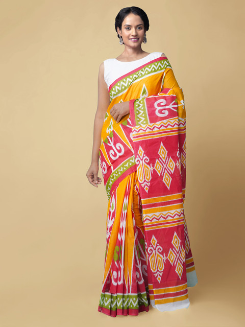 

Unnati Silks Yellow Pure Cotton Printed Handloom Pochampally Saree
