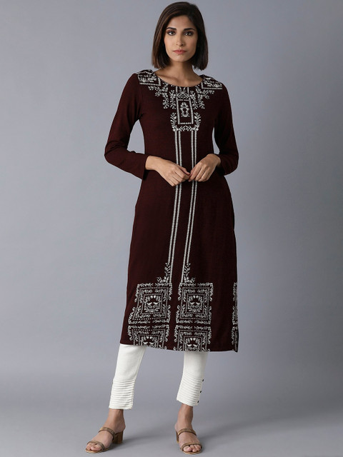 

W Women Burgundy & White Geometric Woven Design A-Line Kurta