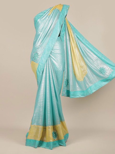 

Pothys Blue & Yellow Poly Chiffon Woven Design Saree