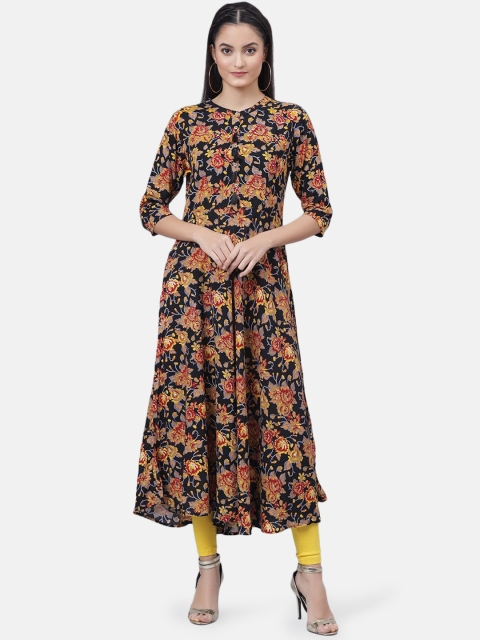 

Fashitale Women Black & Beige Floral Printed Band Collar Cotton Anarkali Kurta