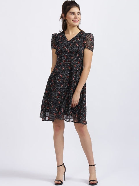 

Zink London Women Black Floral Printed Fit and Flare Dress