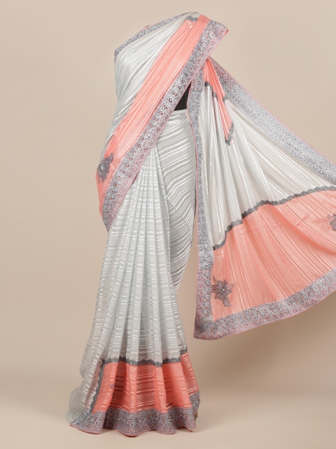 

Pothys Grey & Pink Poly Chiffon Striped Saree