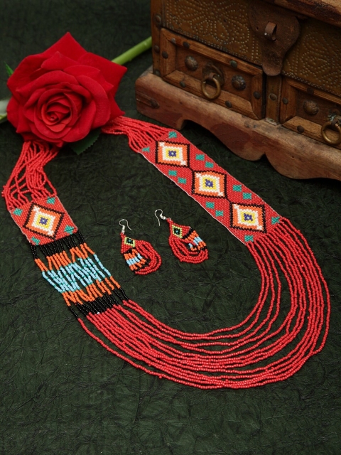 

Moedbuille Hand Woven Red & Yellow Beaded Layered Design Handcrafted Afghan Jewelry Set, Silver