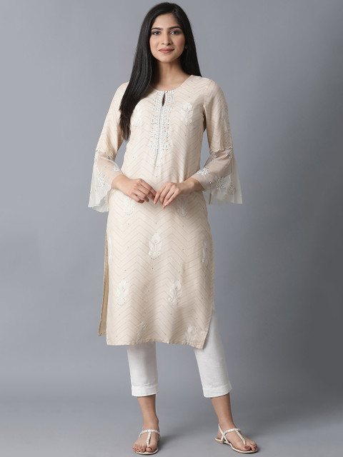 

W Women Beige & Off White Ethnic Motifs Embroidered Keyhole Neck Bell Sleeves Kurta
