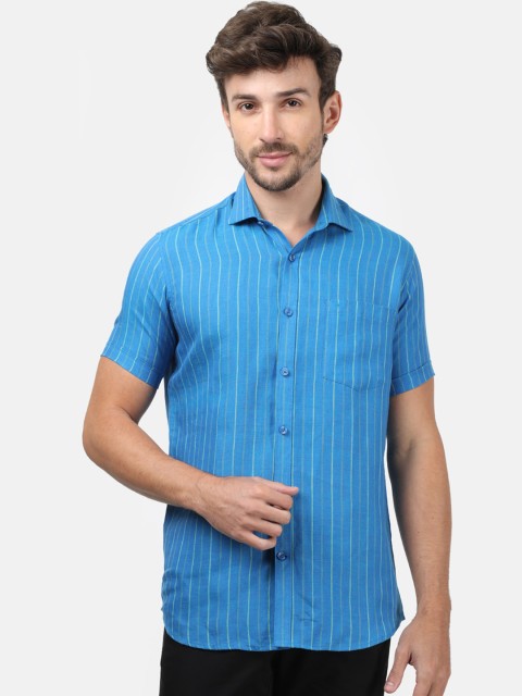 

Monte Carlo Men Blue Regular Fit Striped Linen Casual Shirt