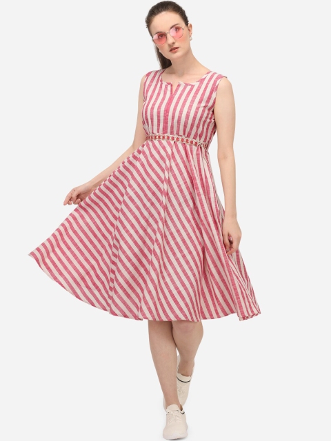 

Mesmora Women Pink & Off-White Striped Fit and Flare Dress