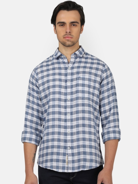 

Monte Carlo Men Blue & White Regular Fit Checked Linen Casual Shirt