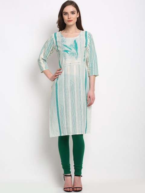 

Friskers Women Cream-coloured & Green Floral Printed Kurta