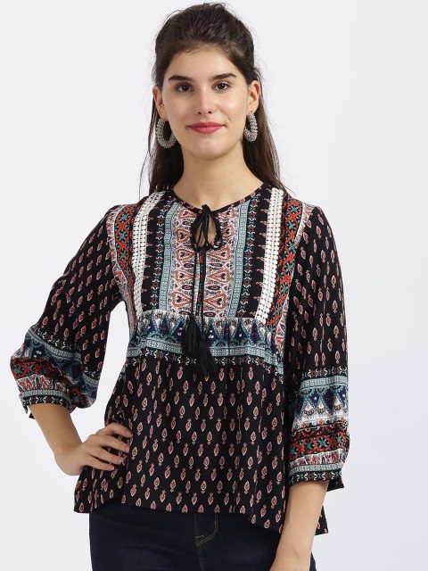 

Zink London Black Tribal Printed Tie-up Neck Pure Cotton A-line Top