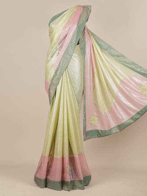 

Pothys Green & Pink Poly Chiffon Colourblocked Saree