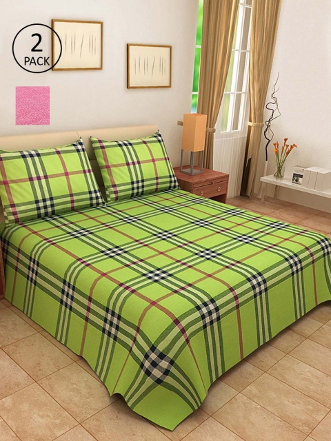 

KLOTTHE Set of 2 Pink & Green Woven Design Double King Bed Covers with 4 Pillow Covers