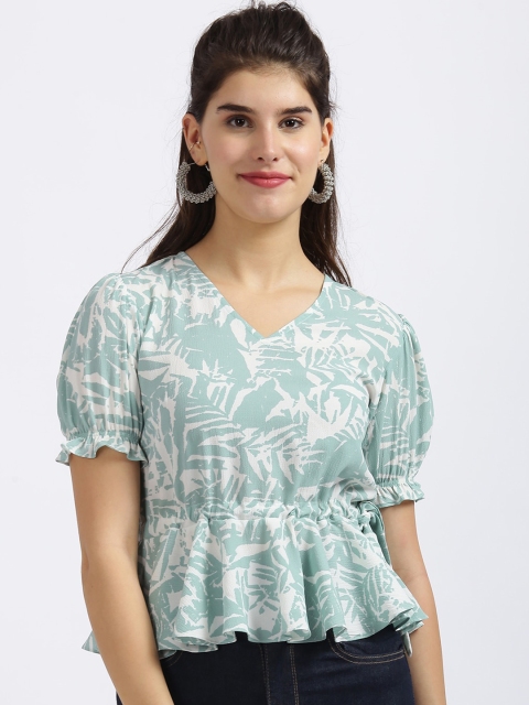 

Zink London Sea Green & Off White Printed Puff Sleeves Cinched Waist Top