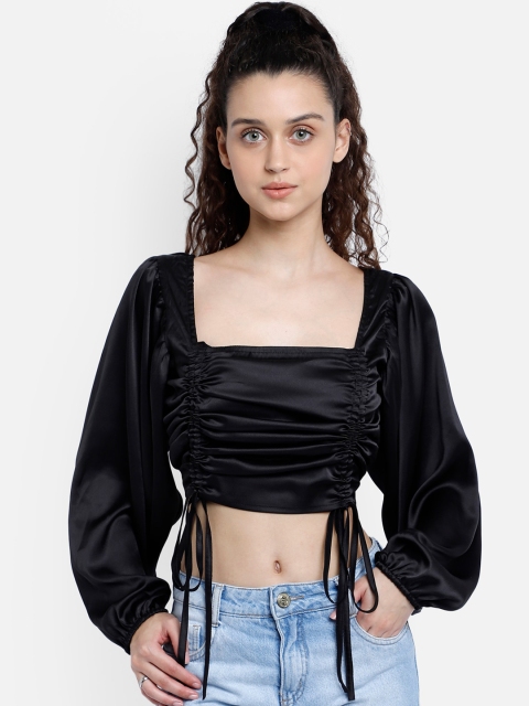

Marzeni Women Black Solid Puff Sleeves Satin Regular Crop Top