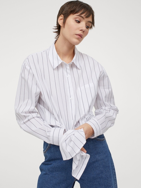 

H&M Women Black & White Striped Oversized Cotton Shirt