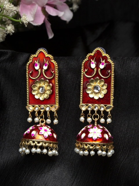 

Moedbuille Kundan Studded Handpainted Red Meenakari Gold Plated Handcrafted Brass Jhumkas