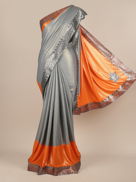 

Pothys Grey & Orange Poly Chiffon Solid Saree