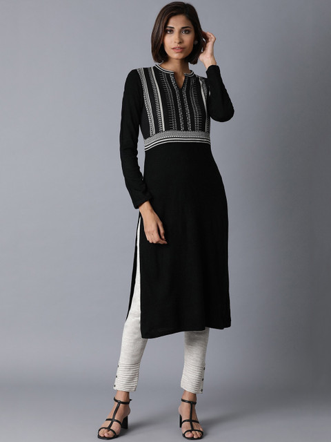 

W Women Black & Grey Geometric Yoke Design Thread Work Kurta
