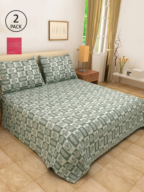 

KLOTTHE Set Of 2 Woven Design Double King Bed Covers with 4 Pillow Covers, Red