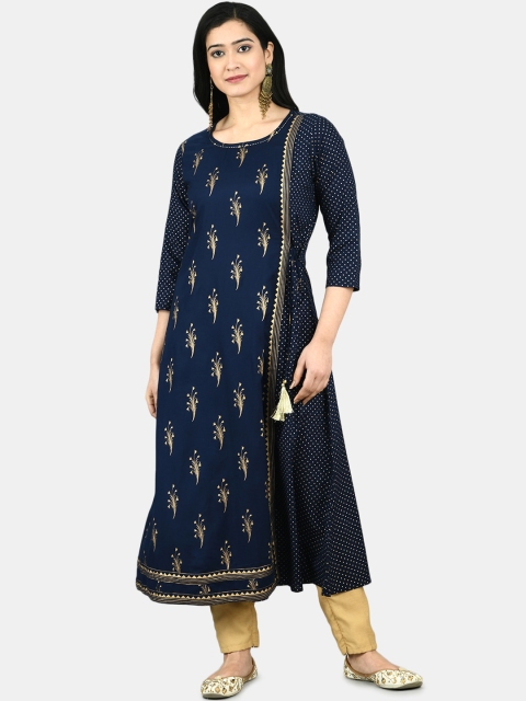 

Myshka Women Navy Blue & Gold-toned Ethnic Motifs Printed A-Line Kurta