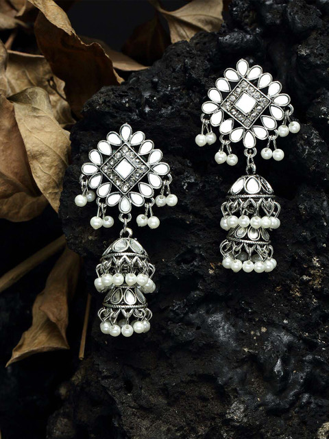 

Moedbuille Mirror Studded Oxidised Silver Plated Handcrafted Layered Design Jhumkas