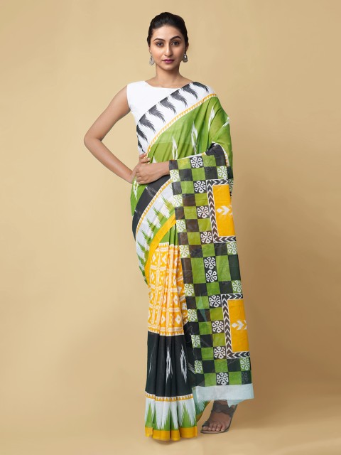 

Unnati Silks Green & Yellow Pure Cotton Printed Pochampally Handloom Saree