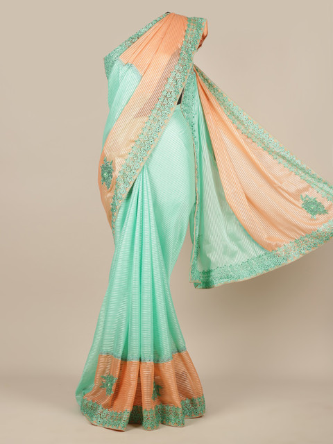 

Pothys Green & Peach-Coloured Poly Chiffon Striped Saree