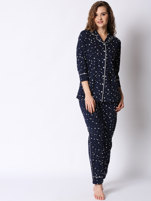 

I like me Women Navy Blue & White Printed Night suit