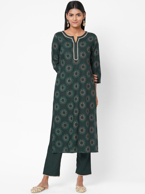 

Os Women Green & Red Floral Printed Thread Work Kurta