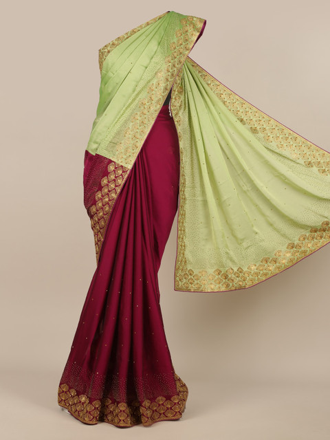 

Pothys Green & Maroon Poly Chiffon Colourblocked Saree