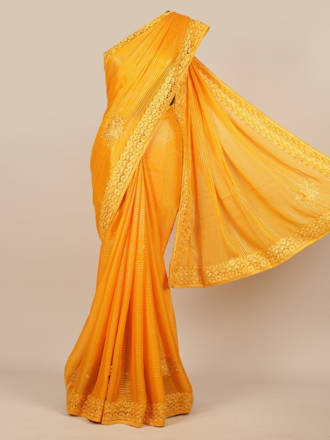 

Pothys Yellow Striped Poly Chiffon Saree