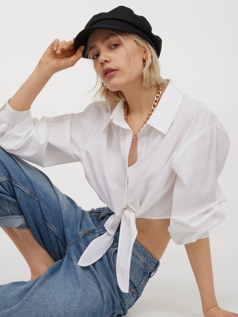 

H&M Women White Tie-Hem Cotton Shirt