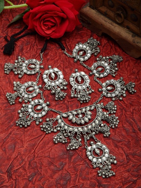 

Moedbuille Stones and Beads Studded Tasselled Design Oxidised Silver Plated Handcrafted Jewelry Set
