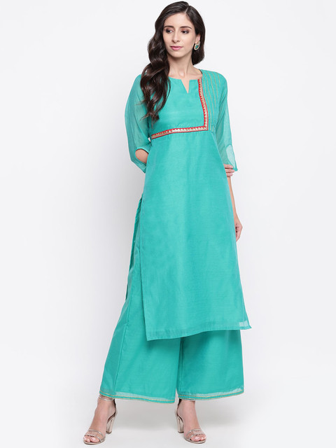 

Shakumbhari Women Turquoise Blue Solid Kurta with Palazzos