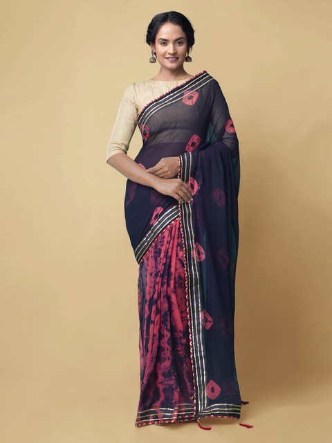 

Unnati Silks Navy Blue & Red Pure Chiffon Printed Baluchari Handloom Saree