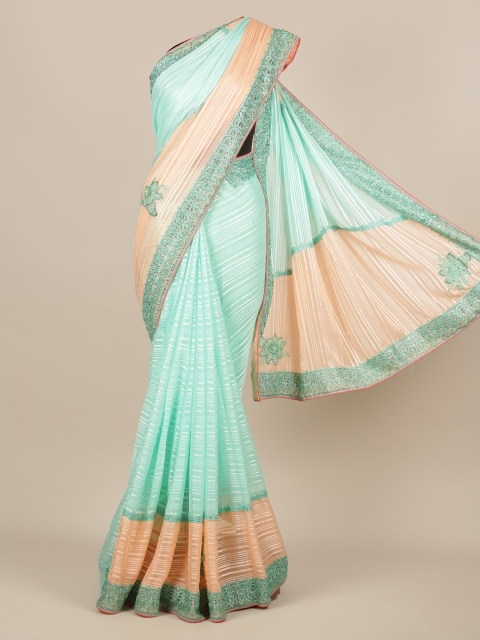 

Pothys Green & Peach-Coloured Poly Chiffon Striped Saree
