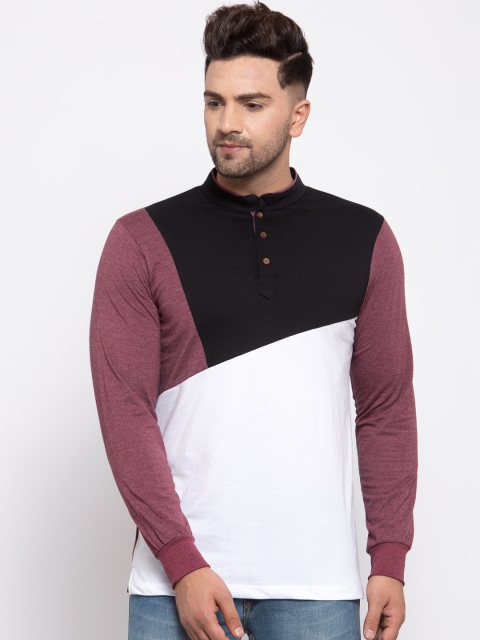 

Kalt Men Maroon & White Colourblocked Henley Neck T-shirt