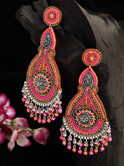 

Moedbuille Pink & Orange Beads Studded Afghan Design Oxidised Silver Plated Handcrafted Earrings